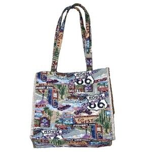 Jade Route 66 Tapestry Tote Bag 12" Vintage Shoulder Purse Multiple Zip Pockets